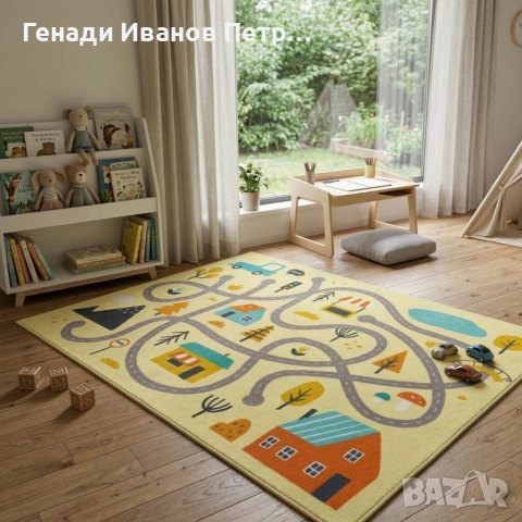 Детски килим за игра 120х160см - Светложълт килим с цветни къщички, противоплъзгащ и миещ се, снимка 5 - Други - 53875275