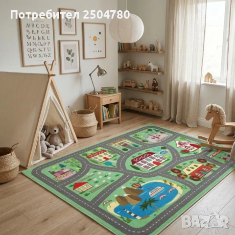 Детски килим за игра 120х160см - Зелен килим с училище и пътища, противоплъзгащ и миещ се