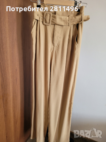 Дамски бежов панталон с висока талия и колан, снимка 1 - Панталони - 44954438