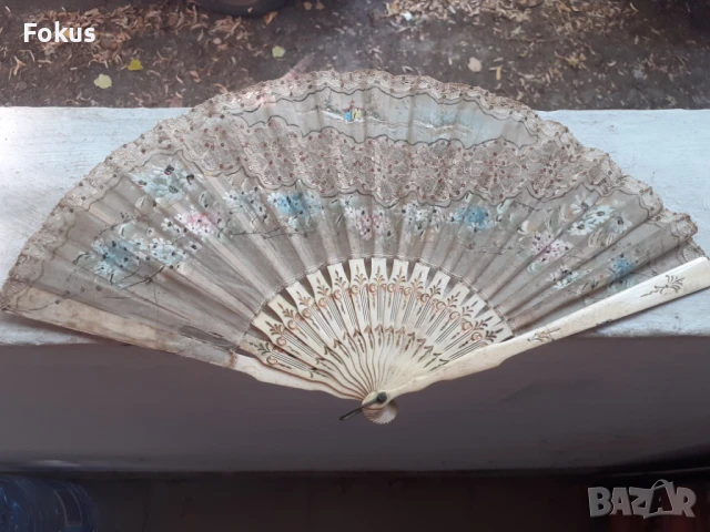 Антикварно дамско ветрило от кост и коприна 19 век, снимка 3 - Антикварни и старинни предмети - 51132115