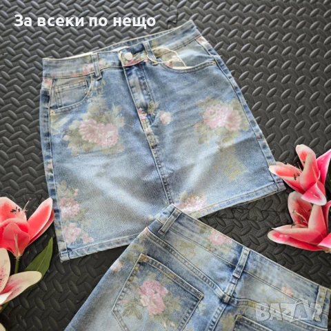Дамска Синя Къса Дънкова Пола С Флурален Мотив🔝Дамска Пола с Флорални Детайли Деним Код VL-94, снимка 2 - Поли - 50828734