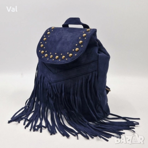 Велурена дамска раница с ресни и метални нитове-бохо стил и практичност, снимка 16 - Чанти - 52475253