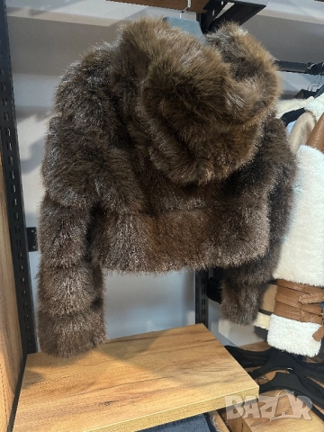 Късо пухено палто с дълъг косъм  кафяво , снимка 4 - Палта, манта - 52844593