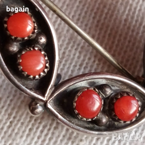 Уникална брошка с корали. Сребро., снимка 2 - Антикварни и старинни предмети - 52917456