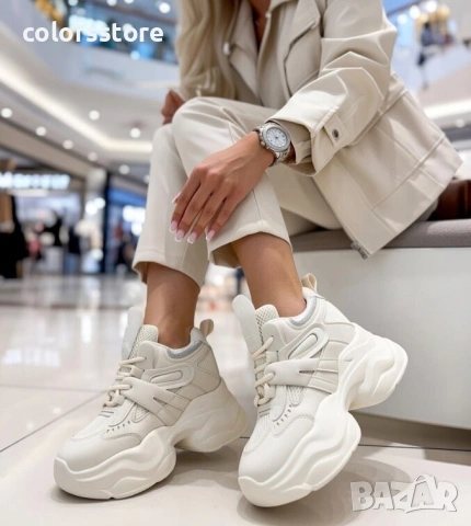 Кецове на платформа - бежова кожа и мрежа - 3AL103 