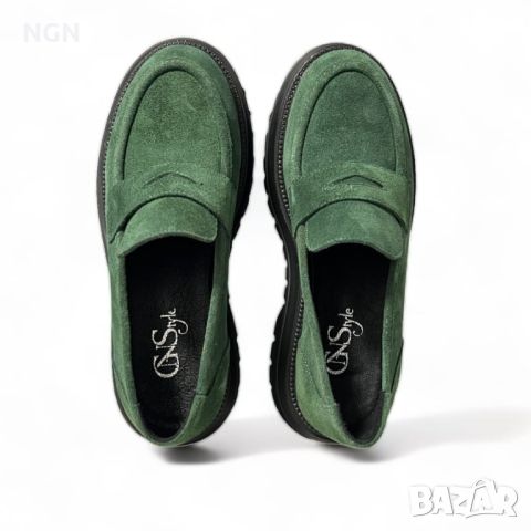 Модерни дамски лоуфъри в тъмно зелен естествен велур с класическа визия , снимка 5 - Дамски ежедневни обувки - 45082733