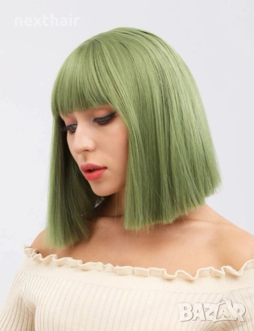 Къса зелена перука с бретон