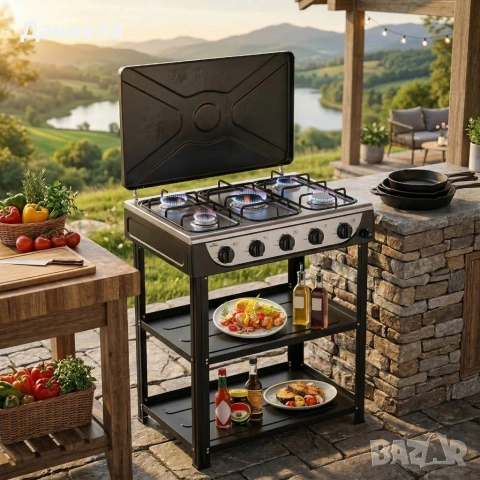 Газова печка HOMELUX с 5 котлона и стелаж на два етажа, 7.2kW, неръждаема стомана