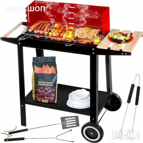 Градинско барбекю на колела, емайлирана стомана, 4 степени + Подарък 3 прибора, снимка 3 - Барбекюта - 53879335