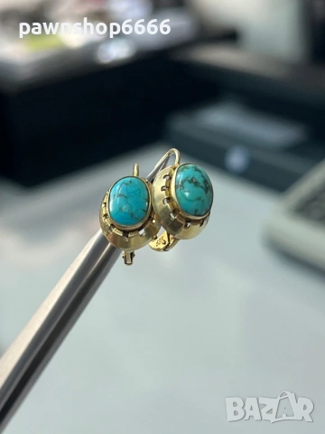 Винтидж златни обеци 14 карата с естествен тюркоаз , снимка 3 - Обеци - 53589099