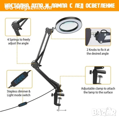 Професионална голяма настолна лупа с LED осветление четене за шиене гоблени стъклена бродиране лед, снимка 4 - Други инструменти - 50920958