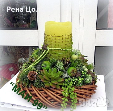 Коледен свещник със сукуленти, снимка 4 - Декорация за дома - 52678241