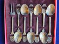 десертен комплект от 6 лъжички + 1 виличка - от мелхиор, позлатени, от СССР, снимка 1