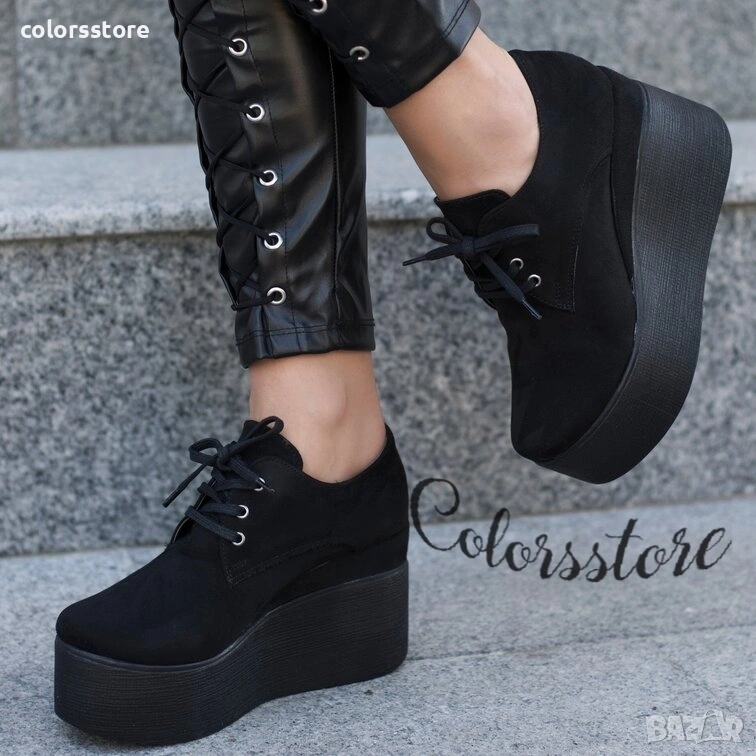 Обувки на платформа - черен велур - 120K, снимка 1