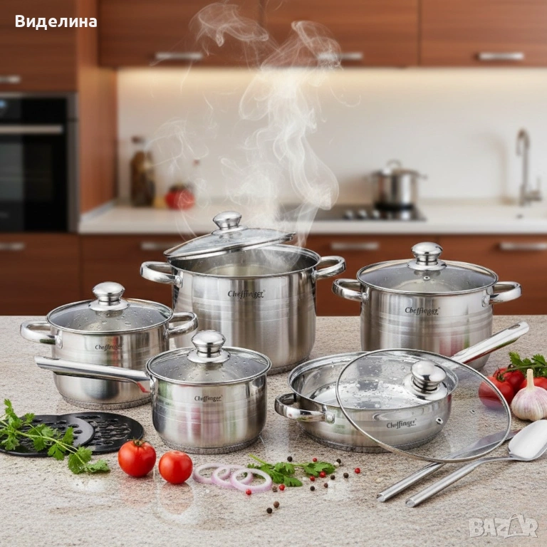 Комплект съдове за готвене 12 части Cheffinger, с индукционно дъно и стъклени капаци – тенджери, кас, снимка 1