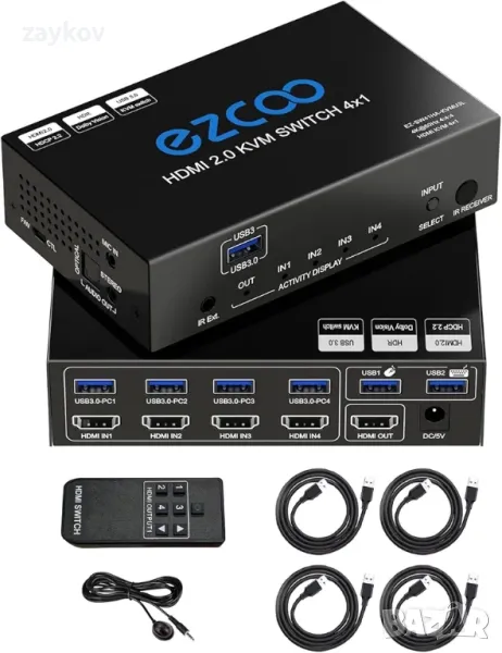 USB 3.0 HDMI KVM превключвател 4 компютър 1 монитор 4K 60Hz SPDIF L/R Extractor - USB превключвател, снимка 1