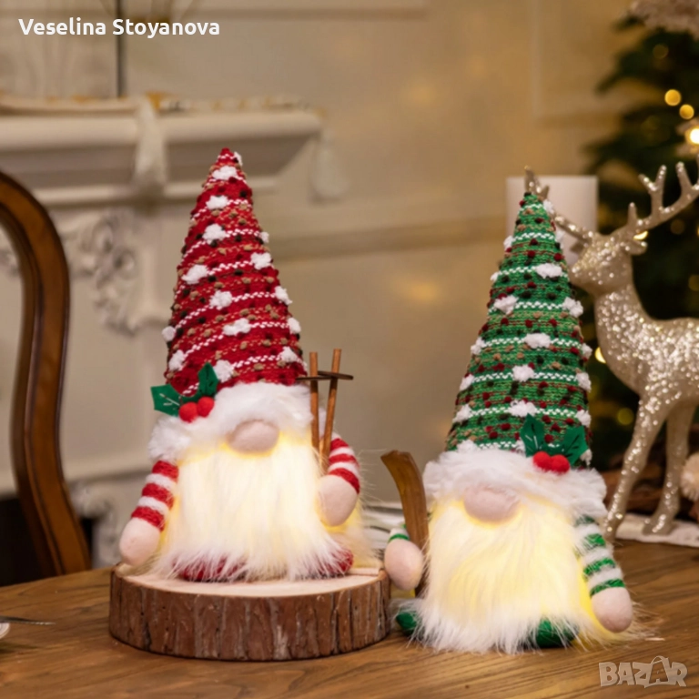 Светеща коледна играчка – Декорация с LED осветление и плетена шапка, снимка 1