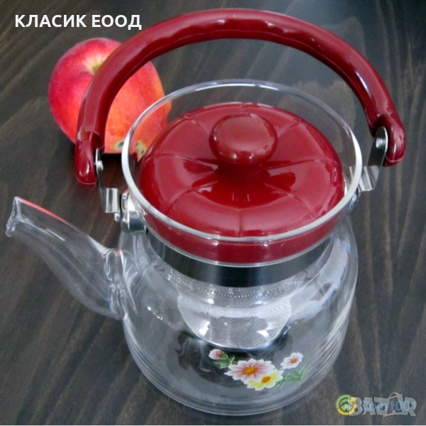 Огнеупорен стъклен чайник с цедка 1,8 л., снимка 1