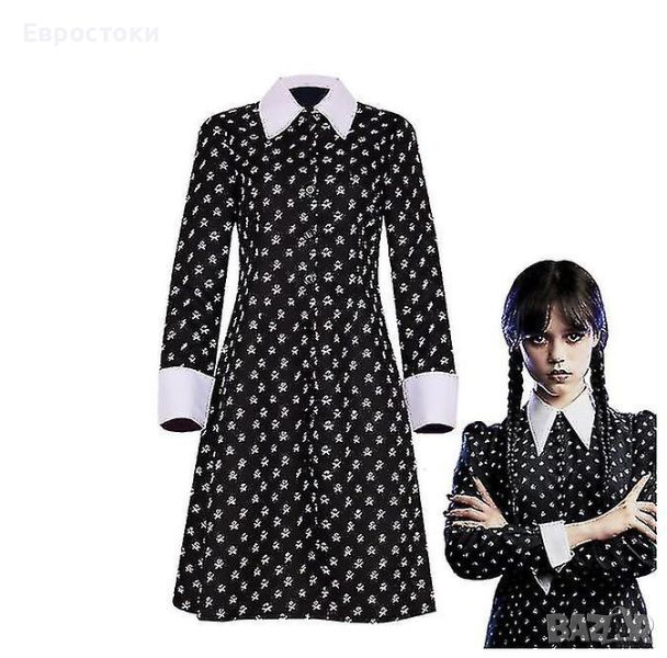 Костюм  Wednesday Addams Дамска черна рокля с шарка с дълъг ръкав. Косплей костюм. Размер – L, черно, снимка 1