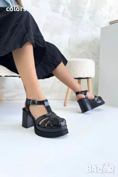 Сандали на ток - черен лак - S9012, снимка 1