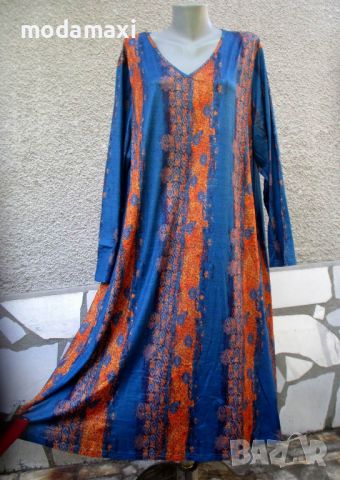 4XL /5XL Нова дълга рокля в синьо и кафяво, снимка 1 - Рокли - 45748919