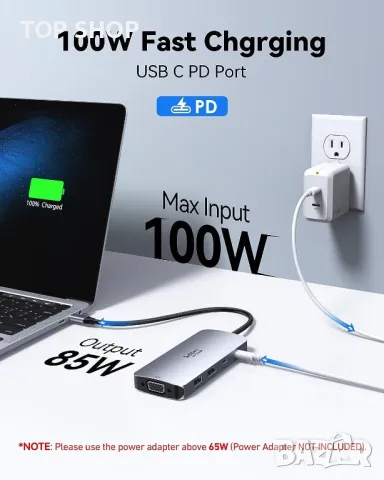 USB C 8в1 докинг станция Dual DisplayPort HDMI Multiport 2 DP VGA 100W, снимка 2 - Мрежови адаптери - 49457618