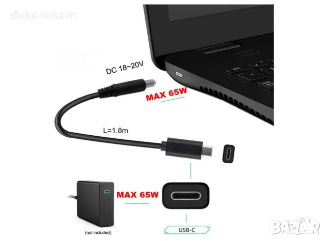 НОВ! USB-C към DC 5.5 x 2.1 mm кабел 65W 87W 1.8m за лаптоп, снимка 3 - Кабели и адаптери - 47197423