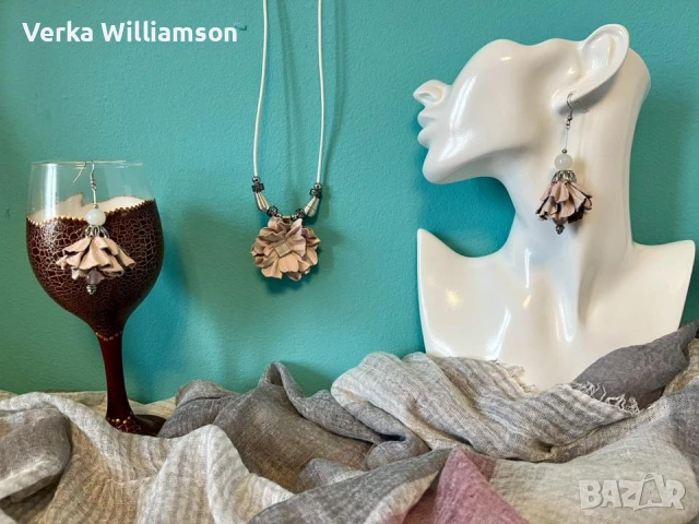 Розов (пепел от рози) комплект колие с дълги обици от кожа модел 71