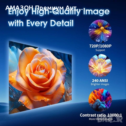 GAIMOO GM200 Мини проектор 1080P/FHD/4K/2024/Android TV/WiFi 6/BT5.2/180°/HDMI/TV Stick/USB/PS5, снимка 5 - Плейъри, домашно кино, прожектори - 53281392