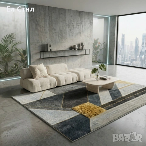 Модерен килим за хол 120х160см - Геометрично сиво със жълт квадрат и 3D ефект, Противоплъзгащ, снимка 4 - Килими - 53928277