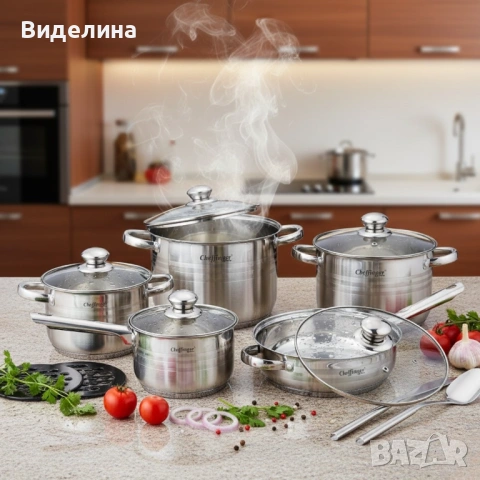 Комплект съдове за готвене 12 части Cheffinger, с индукционно дъно и стъклени капаци – тенджери, кас