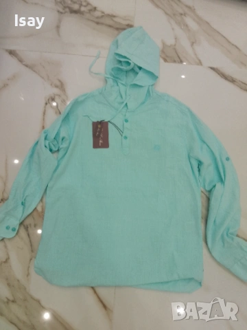 Мъжка риза с качулка ЛОРО ПИАНА минт цвят 75% лен 25% памук, снимка 10 - Ризи - 53919308