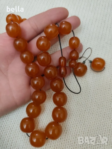 Стар руски кехлибарен гердан с кръгли,плътни зърна и обеци кехлибар и сребро ,50 грама, снимка 7 - Антикварни и старинни предмети - 54163003