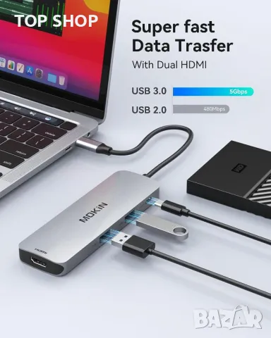 USB C докинг станция за лаптоп 8 в 1 4K 60Hz HDMI портове, снимка 6 - Кабели и адаптери - 49457605