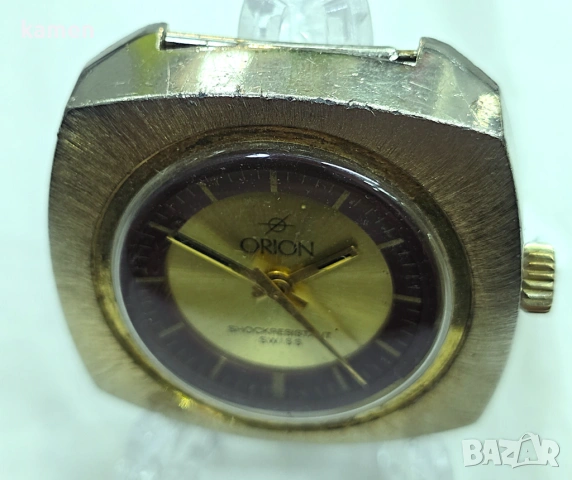 Vintage ORION Swiss Mechanical Watch - 1970s Gold Tone Cushion Case 11665, снимка 2 - Антикварни и старинни предмети - 53659073