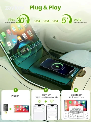 Мини безжичен CarPlay адаптер за Великобритания с бърза и стабилна 5GHz Wi-Fi и Bluetooth, снимка 7 - Аксесоари и консумативи - 50773029