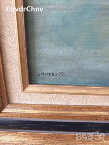 Mathys 68х58см/стара картина масло върху платно/натюрморт кана с цветя/1979/дървена рамка, снимка 7 - Картини - 51357163