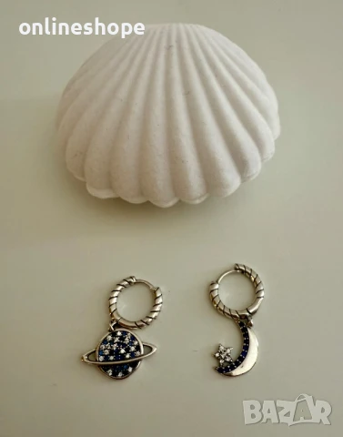 S925 Сребърни обеци с цирконий - планета и луна със звезда, снимка 3 - Обеци - 50965440