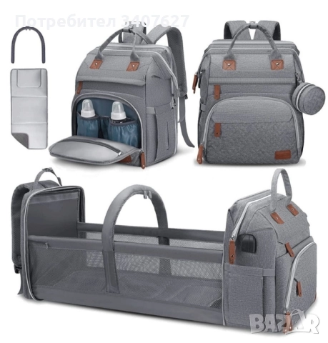 Раница за бебешки принадлежности, сива, снимка 2 - Кенгура и ранички - 52395357