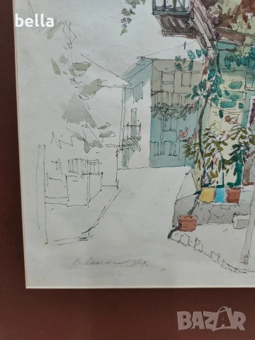 Стар  акварел с паспарту ,смесена техника на Вл.Мански само акварела е с размери 38/45 см., снимка 7 - Антикварни и старинни предмети - 53677297