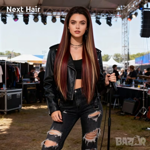 Тъмно червена бордо права синтетична перука 80 см с дантела 13х4 и руси и кафяви акценти, снимка 7 - Аксесоари за коса - 53220969