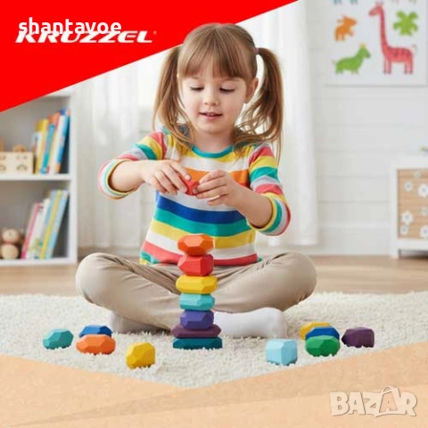 Монтесори дървени, цветни камъни за баланс - 16 броя 