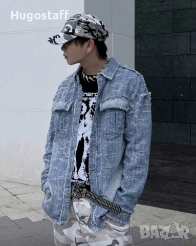 Ново мъжко карго дънково яке риза Street Style накъсан вид овърсайз деним памук ХЛ, снимка 7 - Якета - 53093259