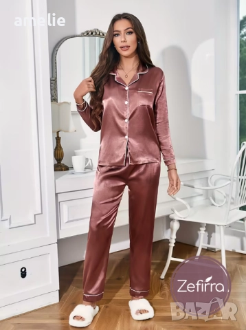Дамски сатенени пижами в различни разцветки Amelie Zefirra, с дълъг ръкав. , снимка 7 - Пижами - 52681414