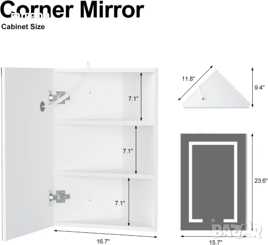 Ъглов шкаф с лед огледало, за баня отваря се отдясно наляво 60*40см, снимка 6 - Шкафове - 53434315