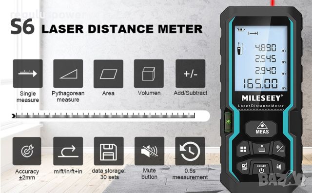 Лазерна ролетка MILESEEY S6, измерване до 40М, IPS 54, червен лазер , снимка 5 - Други инструменти - 46697873