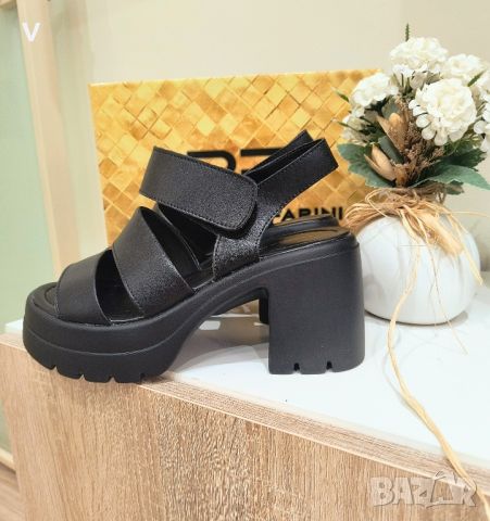 Нови черни дамски кожени сандали Riccardo Farini 38 естествена кожа платформа дебел ток, снимка 4 - Сандали - 46111975