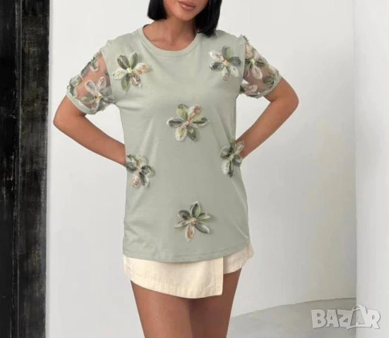 Тениска с флорал и тюл ръкав  , снимка 3 - Тениски - 50922478