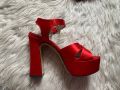 Нови червени сатенени сандали с дебел ток, снимка 2