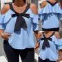 Красива елегантна ефирна блузка с модерни волани и отворени рамена в светло синьо и черно, снимка 1 - Туники - 45304214